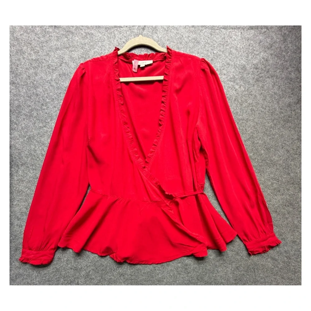 Loft Red Ruffle Wrap Blouse Peplum Top Long Sleeve Rayon Womens Medium Romantic